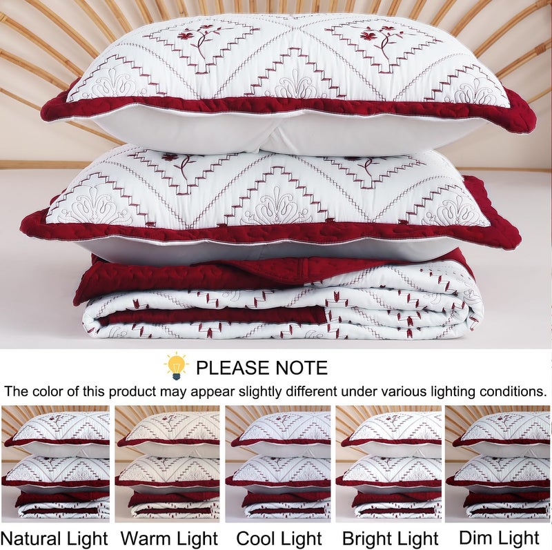 Cmfshape Floral Embroidery Quilt Set,3 Pieces King Size Quilt Bedding Set,Classic Diamond Pattern Quilts,Ultra Soft Lightweight Reversible Bedspread Coverlets for All Season(Burgundy,104"x90") - Image 5
